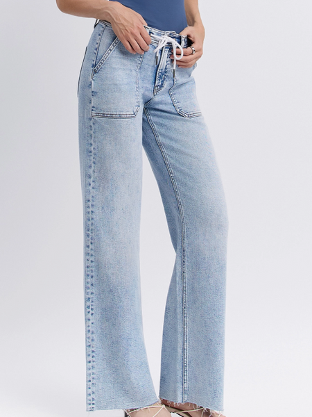 Clearly High Rise Drawstring Waist Wide Leg Jeans