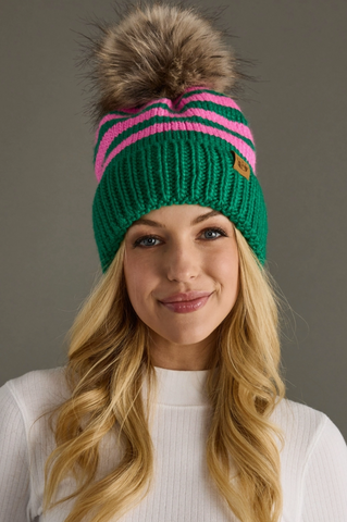 Pink & Green Striped Pom Beanie