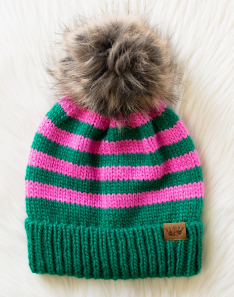 Pink & Green Striped Pom Beanie