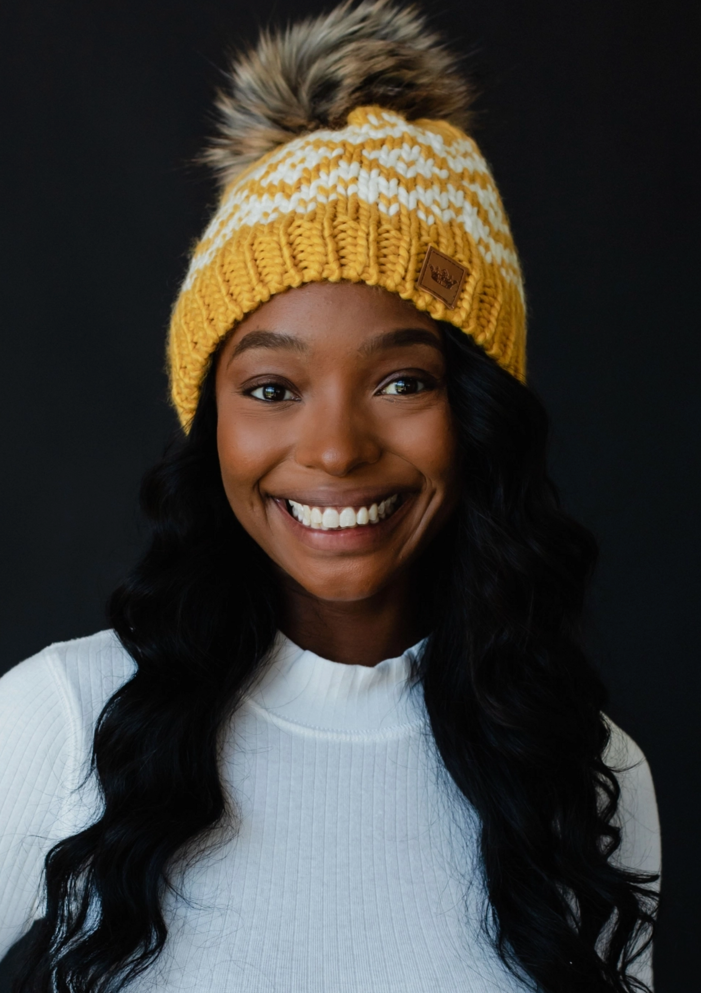 Mustard & White Pom Beanie