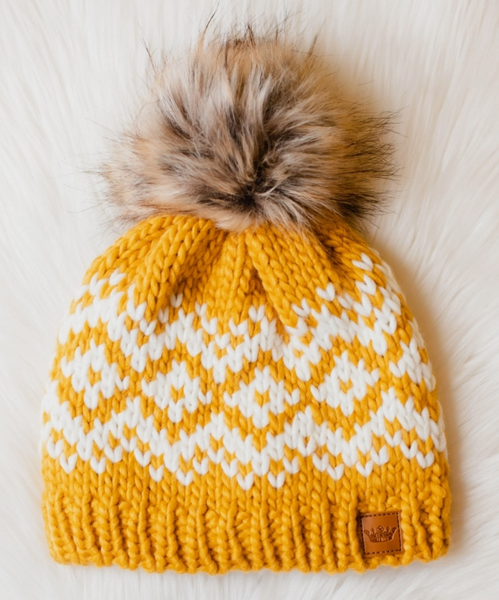 Mustard & White Pom Beanie