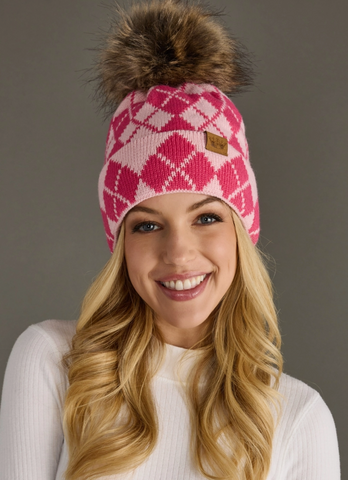 Pink & Blush Argyle Pom Beanie