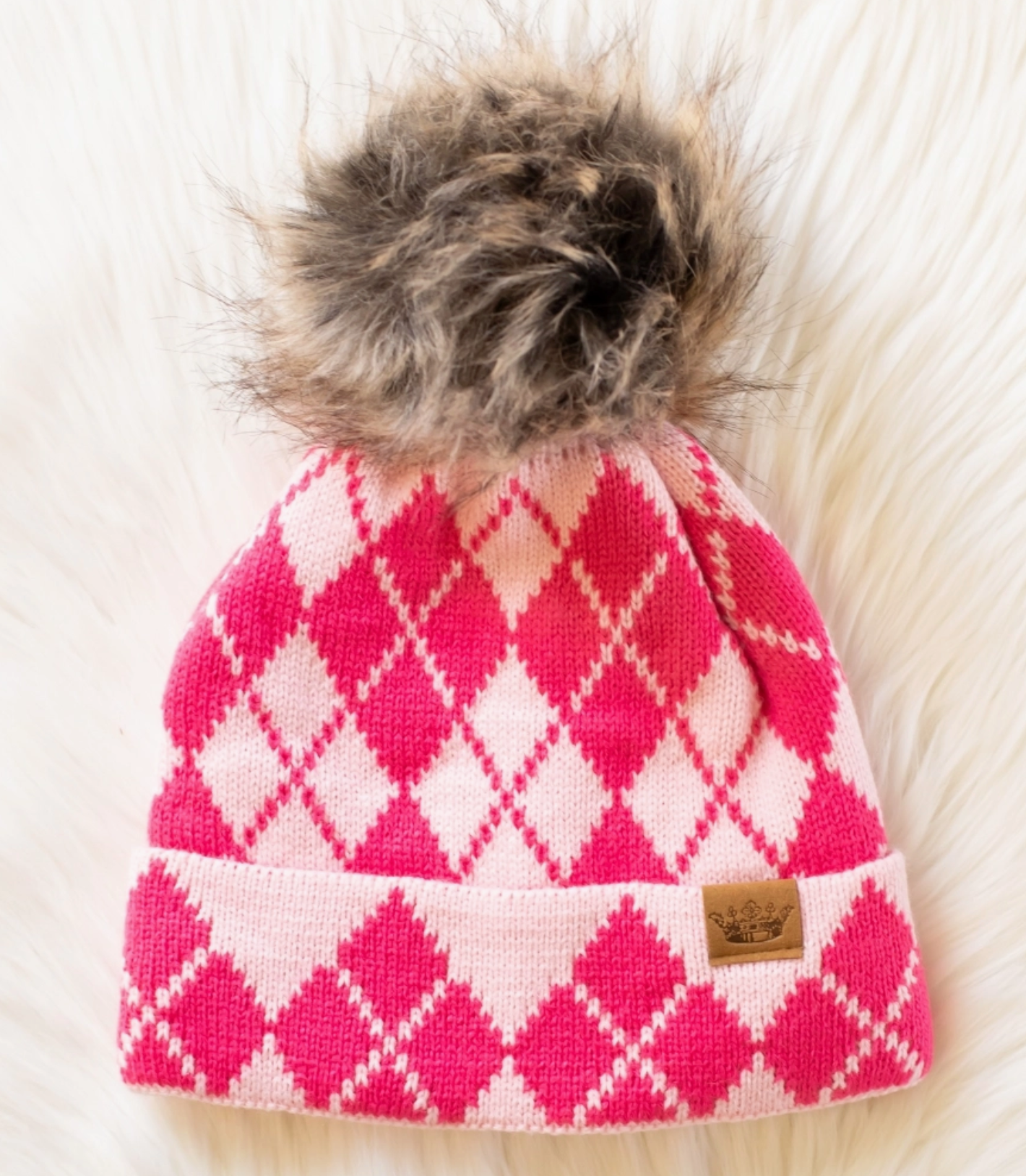 Pink & Blush Argyle Pom Beanie