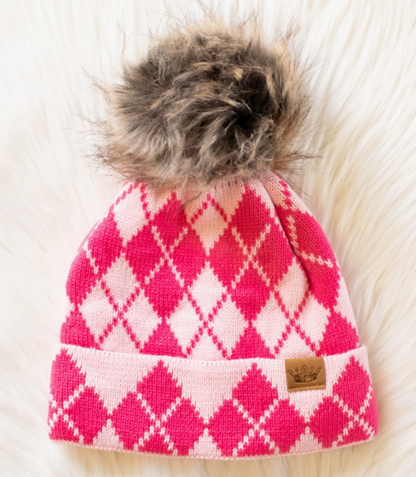 Pink & Blush Argyle Pom Beanie