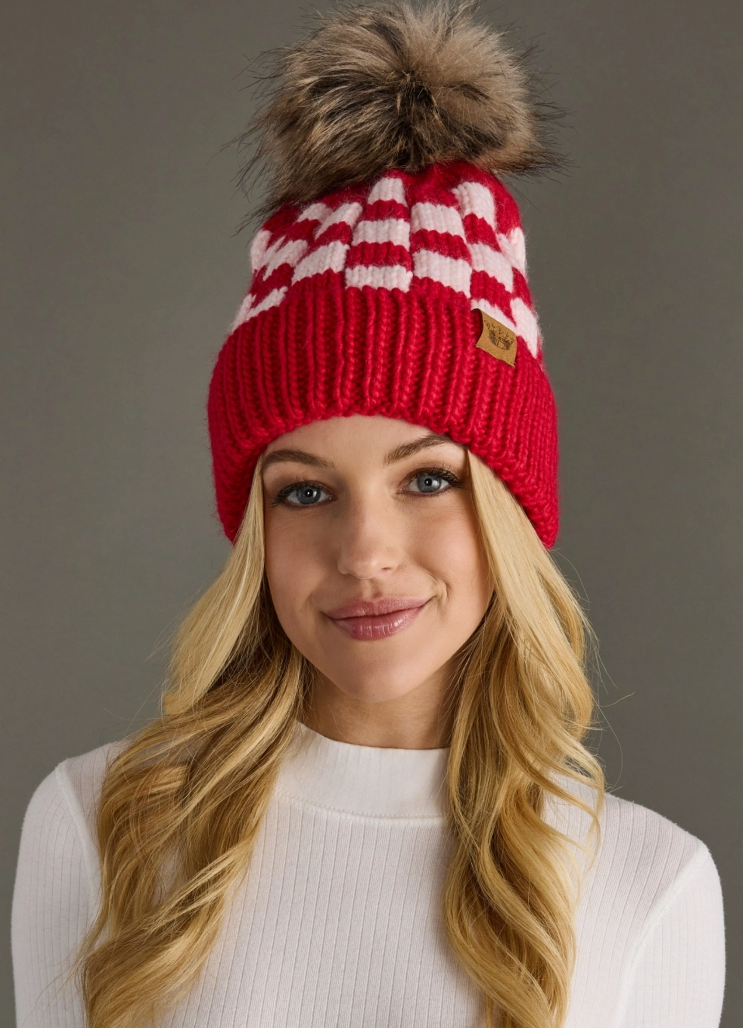 Pink & Red Checkered Pom Beanie