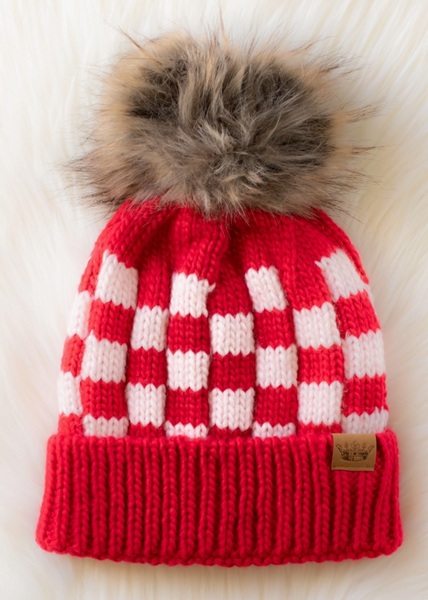 Pink & Red Checkered Pom Beanie