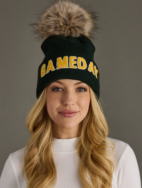 Green & Gold Game Day Pom Beanie