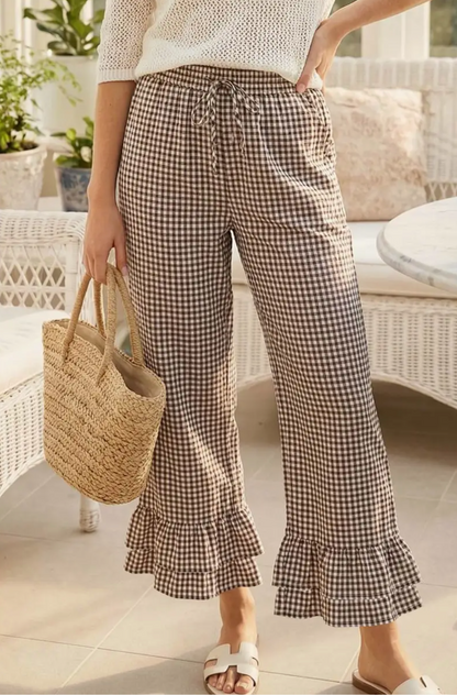Nicole Gingham Ruffle Hem Crop Pants