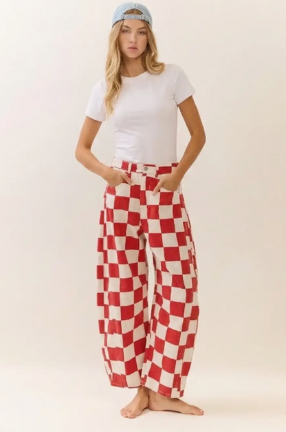 Gracie Checkered Print Barrel Denim Pants