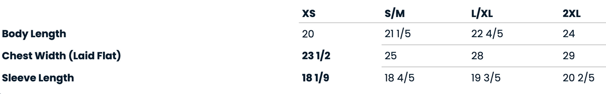 A size chart table showing body length, chest width (flat), and sleeve length in centimeters for sizes X5, S/M, L/XL, and 2XL.
