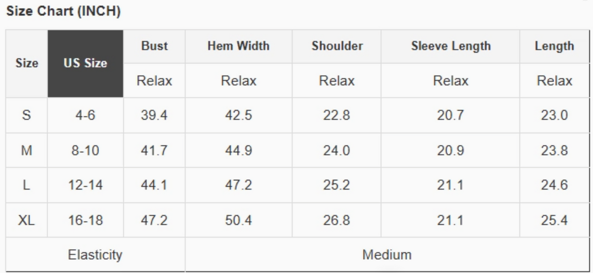 A size chart table in inches showing US sizes S through XL with measurements for bust, hem width, shoulder, sleeve length, and length, plus a note for elasticity.