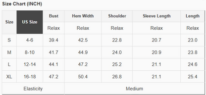 A size chart table in inches showing US sizes S through XL with measurements for bust, hem width, shoulder, sleeve length, and length, plus a note for elasticity.