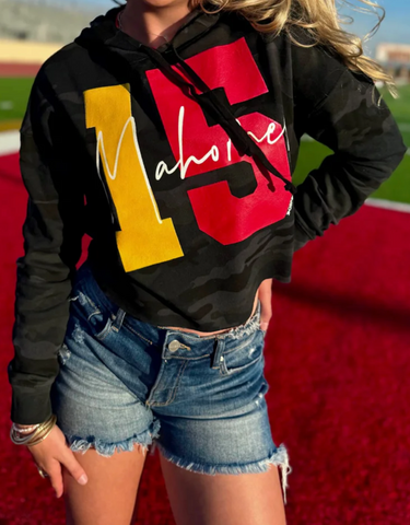 Mahomes 15 Camo Crop Hoodie