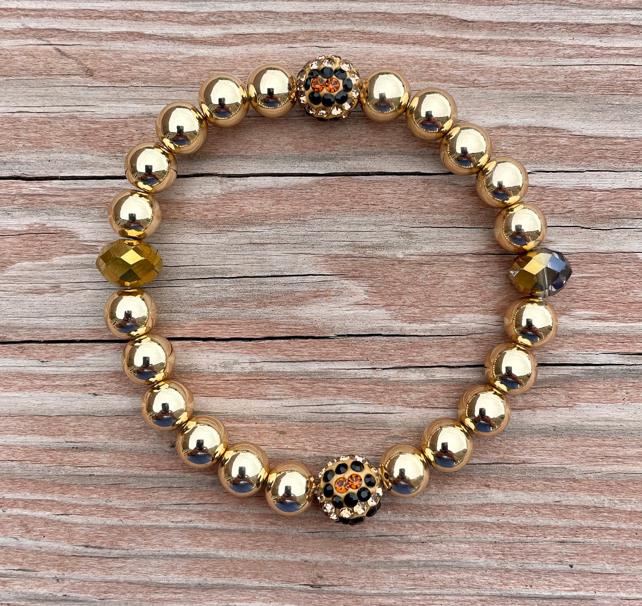 Gold Bead & Leopard Bling Stretch Bracelet