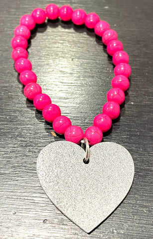 Pink Bead Bracelet with Silver Glitter Heart
