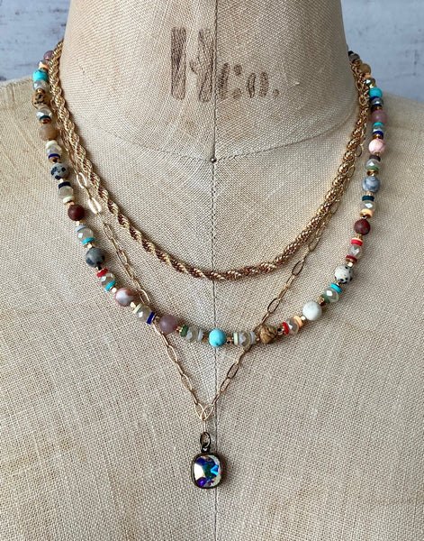 Gold Rope, Link & Bead Three Strand Necklace