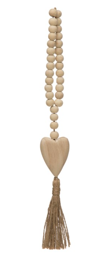 Paulownia Wood Beads with Heart Pendant & Jute Tassel