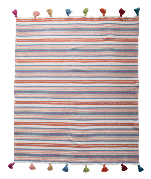 Woven Cotton Throw with Stripes & Tassels