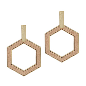 Gold Bar & Wood Hexagon Earrings