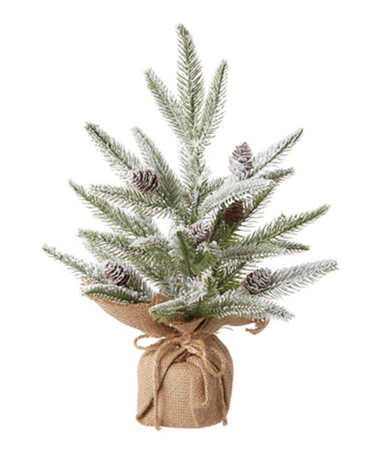 Snowy Tree with Pinecones in Burlap Bag